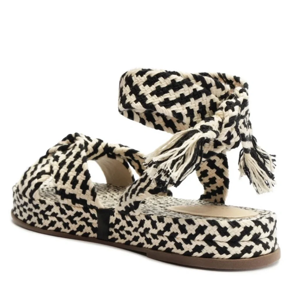 SCHUTZ Joni Platform Woven Black White Tie Sandals Women's Shoe Size 8.5